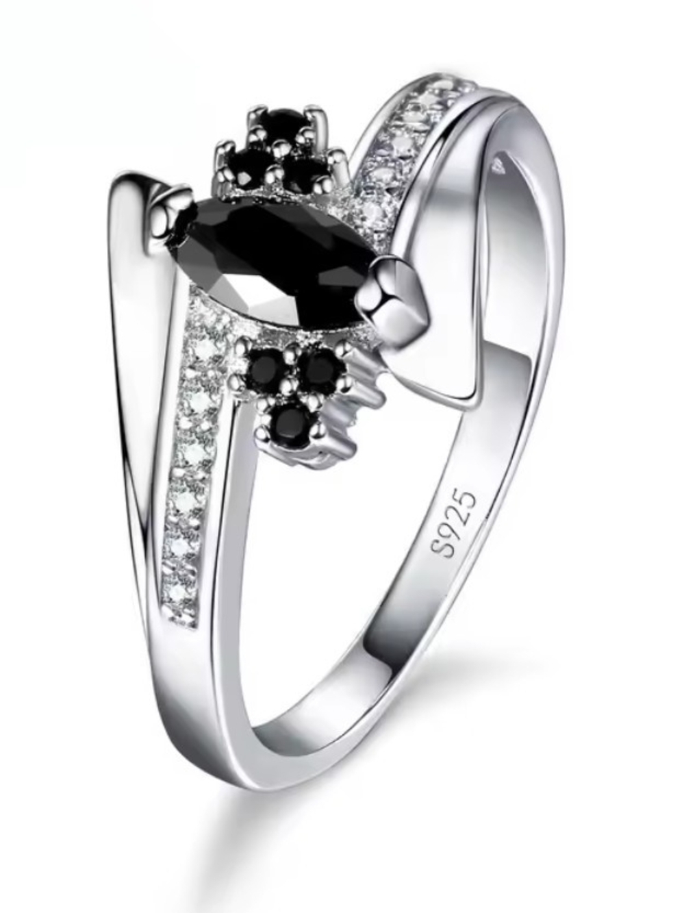 Sterling Silver Black Gemstone Ring - Elegant Women’s Fashion Ring